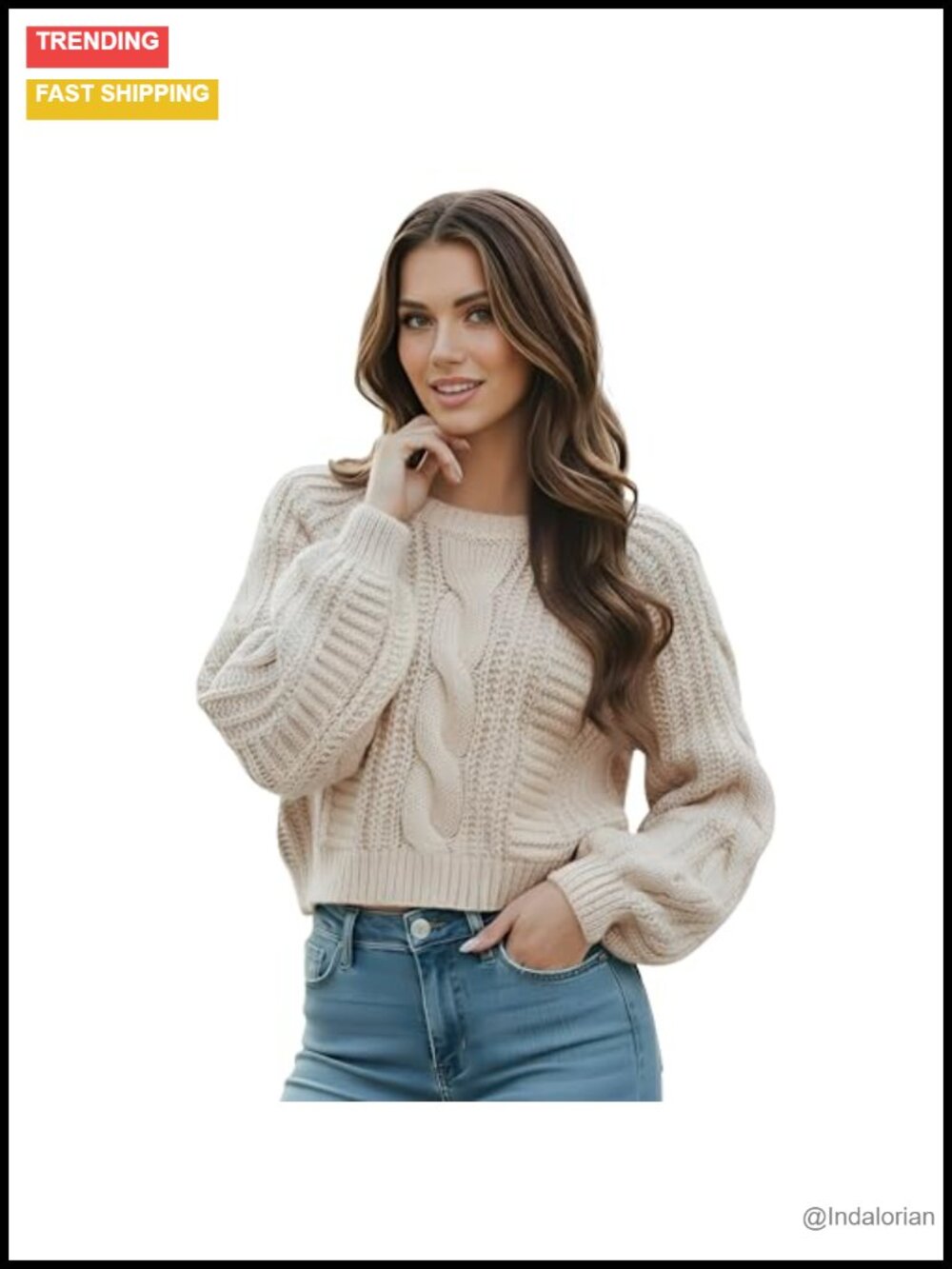 Cropped Cable Knit Sweater Acrylic Long Sleeve Pullover Fall Winter